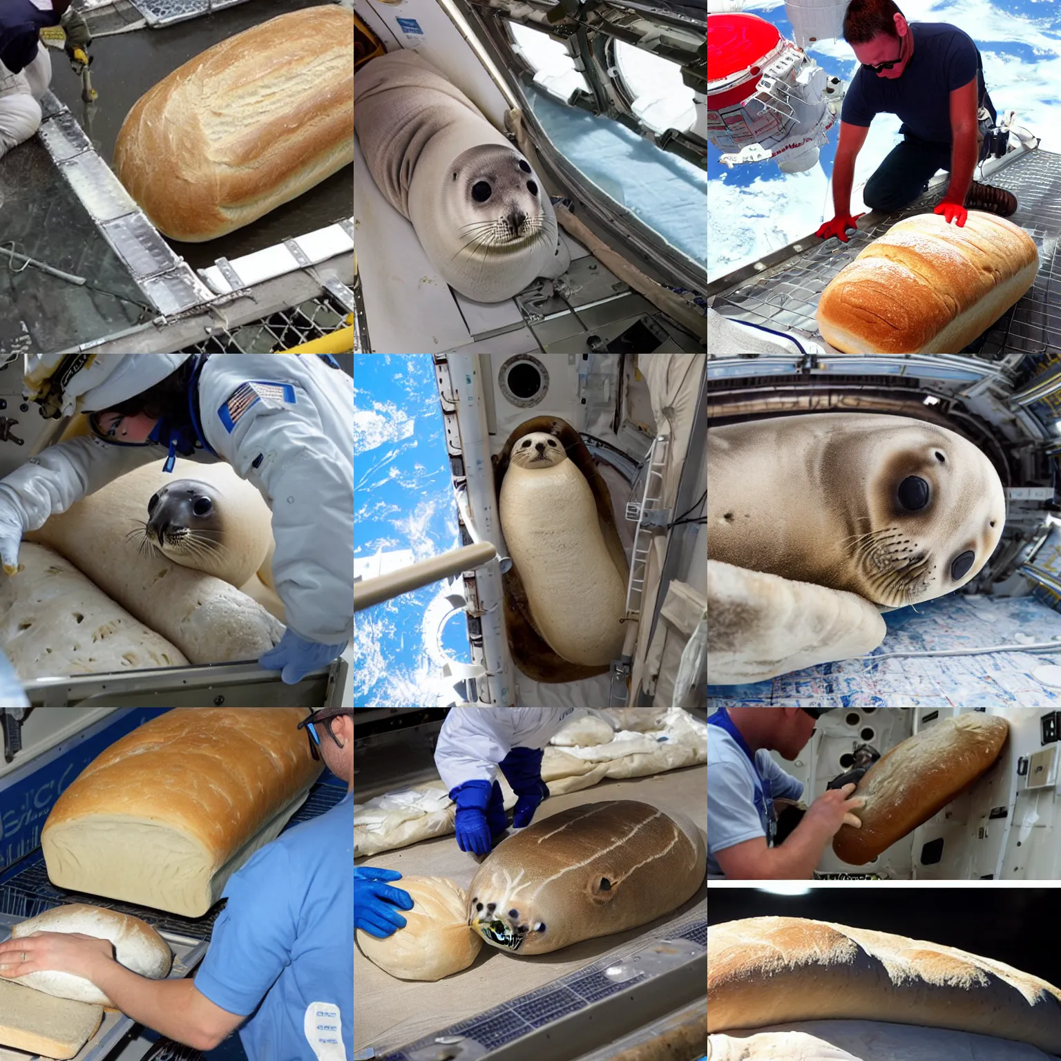 Prompt: baby seal disguised as a loaf of bread making repairs on the outside of the international space station