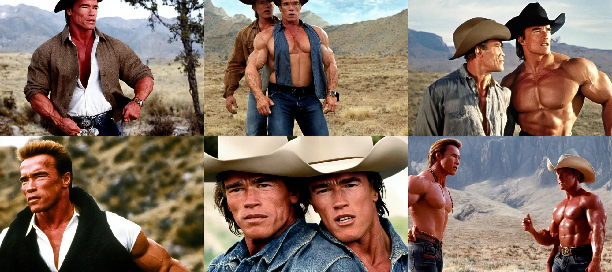 Prompt: Arnold Schwarzenegger in Brokeback Mountain