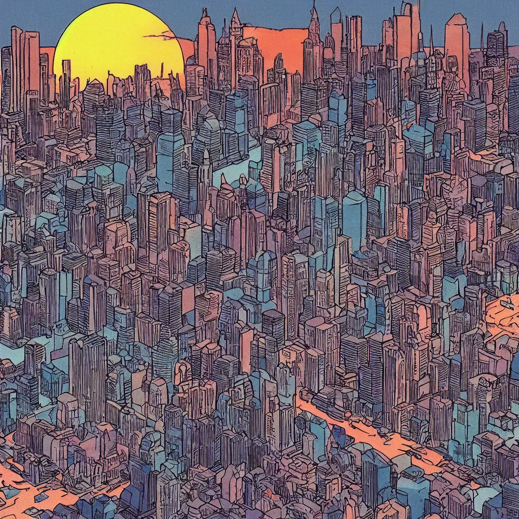 Prompt: city skyline over a polluted lake, clouds, sunrise, 1 9 8 5 comic book