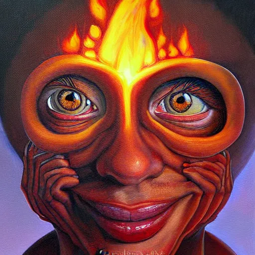 Prompt: a hyper realistic painting of a young fire - man, all face covered with a fire, coherent symmetrical eyes, cunning smile, by jeffrey smith, by andrea kowch