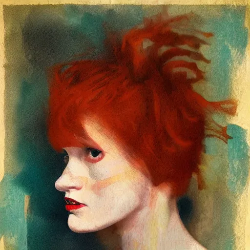 Image similar to portrait of a redhead woman by stanisław witkiewicz, mixed technique