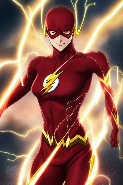 Image similar to anime key visual of a beautiful female the flash!! intricate, red, black, gold suit, powers, speed, lightning hate, dc comics, cinematic, stunning, highly detailed, digital painting, artstation, smooth, hard focus, illustration, art by artgerm and greg rutkowski and alphonse mucha