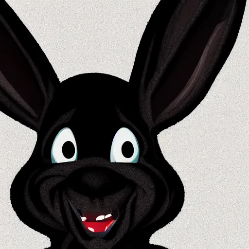 Prompt: A extremely highly detailed majestic hi-res beautiful, highly detailed head and shoulders portrait of a scary terrifying, horrifying, creepy black cartoon rabbit with scary big eyes, earing a shirt laughing, hey buddy, let's be friends, in the style of Walt Disney