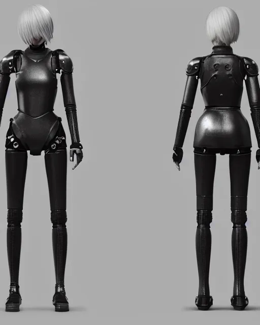 Prompt: CAD screenshot of a realistic android companion modeled after 2B from Nier Automata and with slender body type and prominent ceramic hex tile armor plates wearing wearing short clothes , solidworks, catia, autodesk inventor, unreal engine, gynoid cad design inspired by Masamune Shirow and Nier Automata and Ross Tran, product showcase, octane render 8k