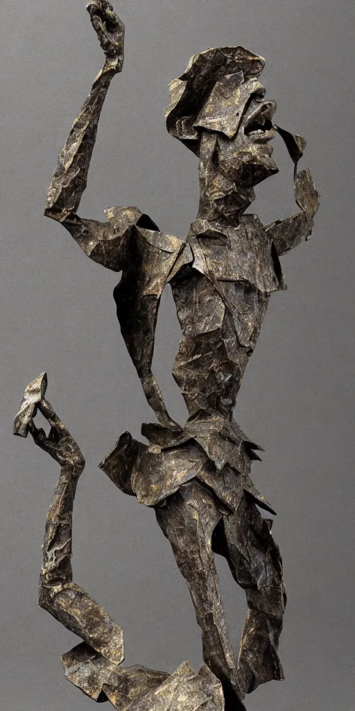 Prompt: sculpture of a cowering man, in the style of alberto giacometti