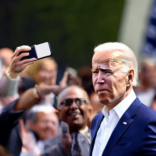 Image similar to joe biden taking a selfie whilest looking at the camera with a confused glance and a crowd of people behind him.