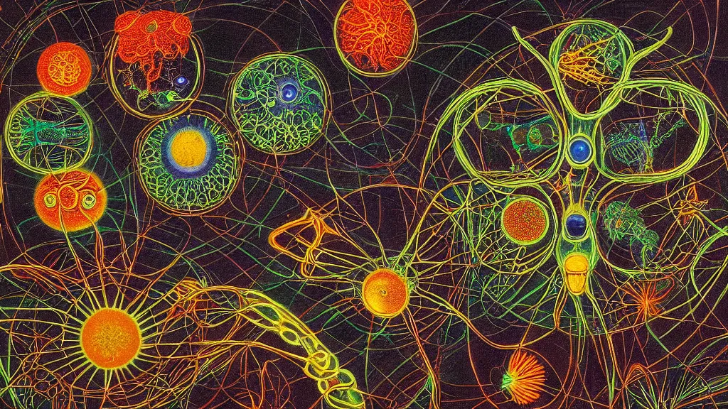 Image similar to quantum connections represented as symbiotic organisms like cells playing around with colorful lights by ernst haeckel, liquid