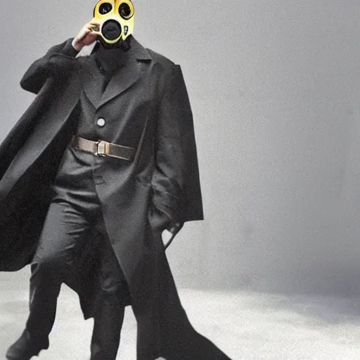 Prompt: a gas mask wearing a black trenchcoat