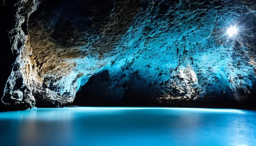 Image similar to Blue cave during the night, blue water, reflections ,moon light, incredible lighting, 4k photography award winning,