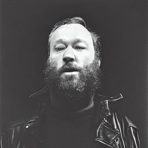 Image similar to Singing Thoooom Yooooorke, with a beard and a black jacket, a portrait by John E. Berninger, dribble, neo-expressionism, uhd image, studio portrait, 1990s