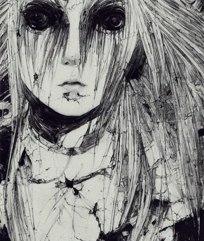 Image similar to Yoshitaka Amano realistic illustration of an anime girl with white hair and cracks on her face wearing dress suit with tie fluttering in the wind, abstract black and white patterns on the background, noisy film grain effect, highly detailed, Renaissance oil painting, weird portrait angle