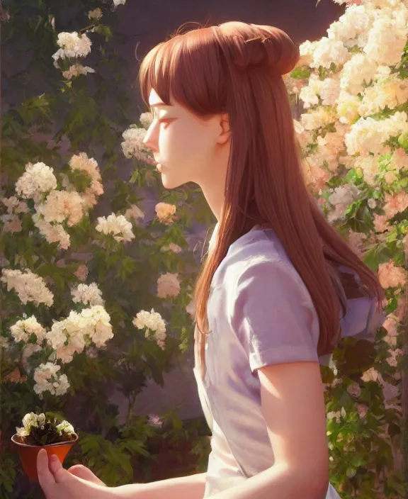 Image similar to an ultradetailed beautiful portrait painting of a girl as a floral shop keeper, side view, oil painting, high resolution, by ilya kuvshinov, greg rutkowski and makoto shinkai