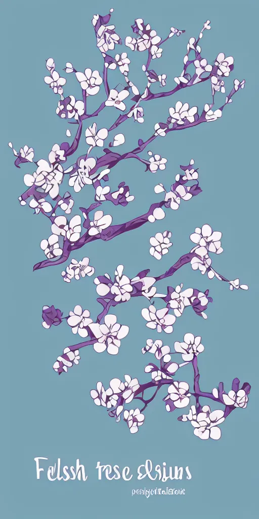 Prompt: shirt design, vector style, close portrait of a branch with prune flowers blossoming, fresh modern look, made with photoshop