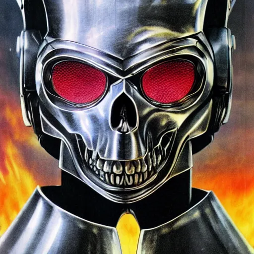 Prompt: high fantasy 1 9 8 0's wargame airbrushed artwork, a giant silver reflective chrome android wearing a mask shaped like an intricately carved beautiful human skull with glowing laser eyes, golden giant battle armor, inside a futuristic army base