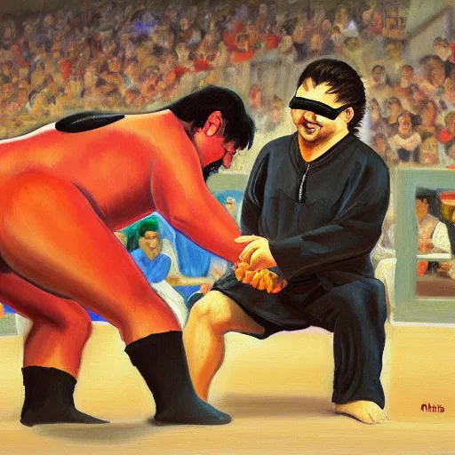 Image similar to oil painting of richard stallman sumo wrestling with bill gates, trending on artstation