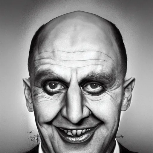 Image similar to avram glazer as the devil, owner of manchester united football club, portrait, pure evil, devils horns, avram glazer, satan, hell, 8 k, hyperrealism, symmetry, volumetric lighting - h 7 6 8