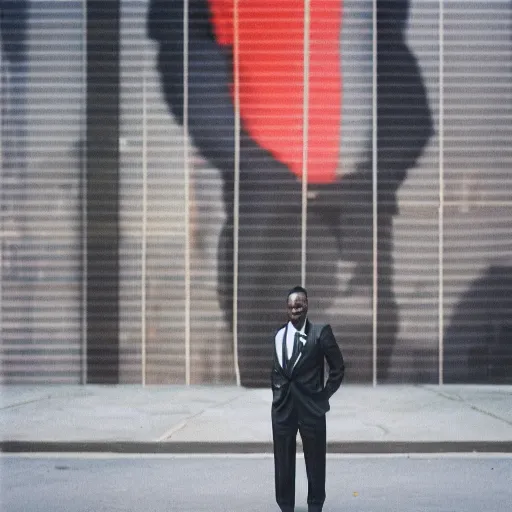 Prompt: sharp portrait of a man in a suit with a face made of black shiny leather standing in los angeles, blured zombies on a background, bokeh, detailed, film photography, kodak portra 4 0 0, mamiya,