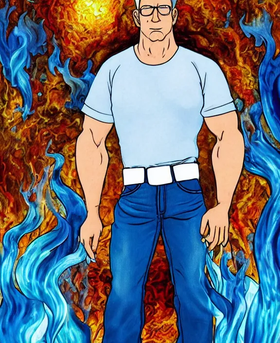 Prompt: hank hill wearing bluejeans and white tshirt, the god of propane's blue flames, blue fire, biblical painting, art by mike judge, art by josephine wall, art by amanda sage, art by huang guangjian, art by viktoria gavrilenko, trending on artstation