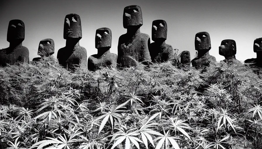 Image similar to black and white noir film. moai. cannabis plants everywhere.