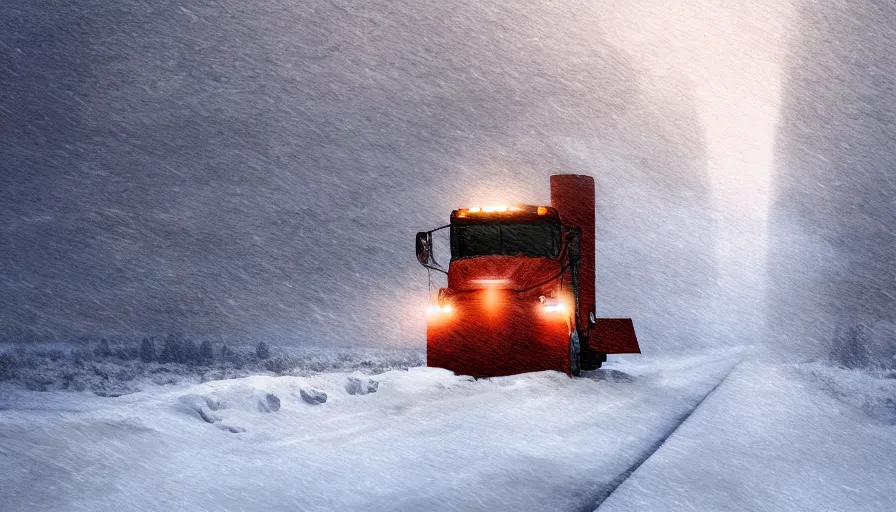 Prompt: A cozy Snowplow! clearing a beautiful snowy landscape. A blizzard and heavy snow falls. Fog and mist, highly detailed, concept art, digital art, 4k, high snow