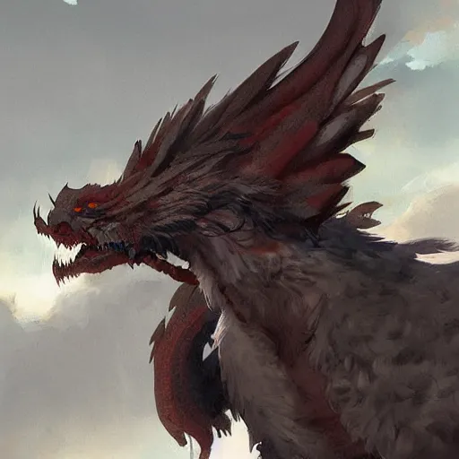 Prompt: furry fluffy feathered dragon, by greg rutkowski