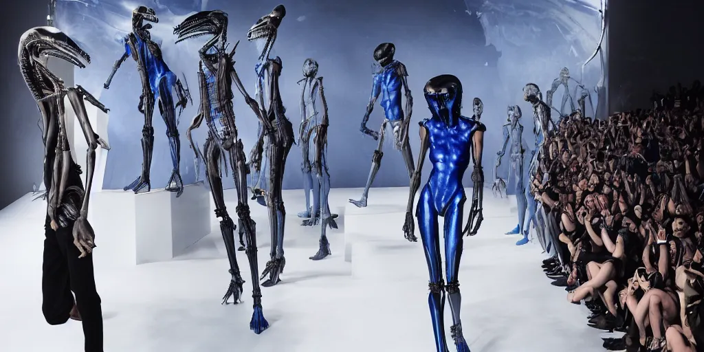 Image similar to blue human with rick owens iron spikes xenomorph figure with an emoji head in 3d is jumping in a runway fashion show, realistic photography paparazzi by Nick Knight and Luis Royo