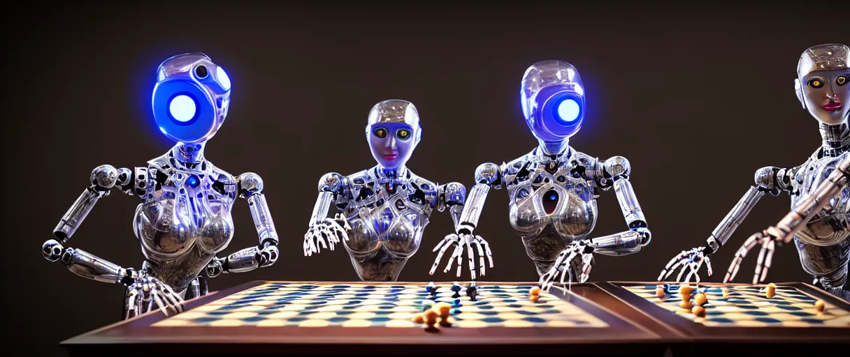 Image similar to a gorgeous highly detailed photo of two futuristic full - body humanoid robots with glowing led eyes sit on large midcentury recliners facing off in an intense game of checkers. cinematic movie photograph, cinematic lighting, arri alexa, extremely detailed, smooth, very very clean, 8 k, octane render, maya render, unreal engine, trending on artstation, dslr