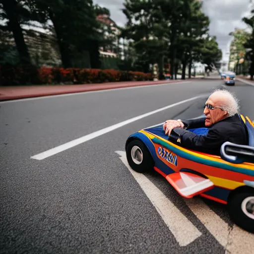 Image similar to larry david driving a toy car, canon eos r 3, f / 1. 4, iso 2 0 0, 1 / 1 6 0 s, 8 k, raw, unedited, symmetrical balance, wide angle