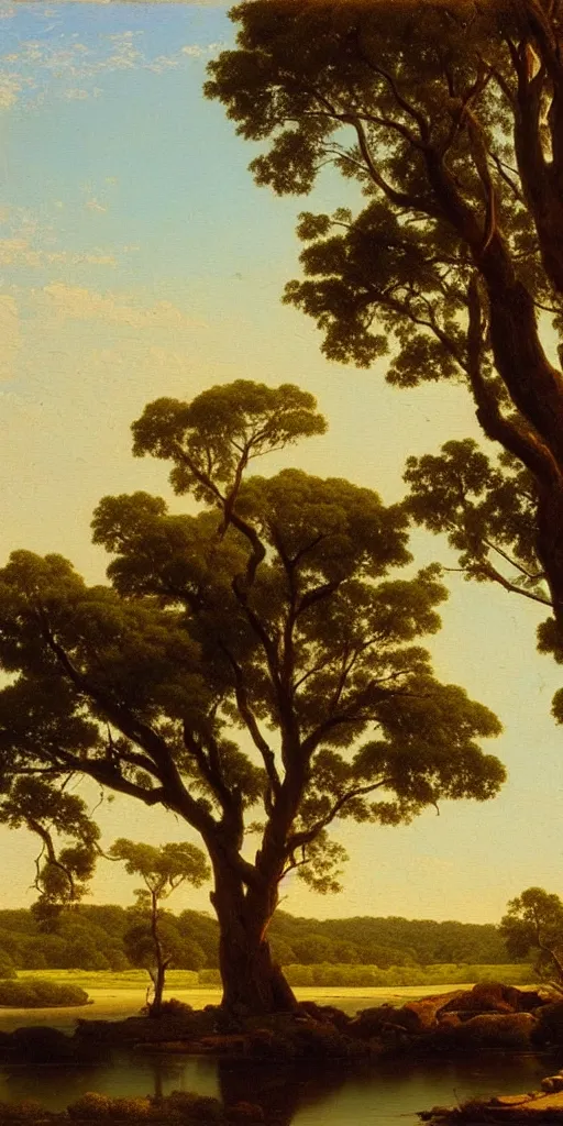 Image similar to landscape painting of a old blue gum tree next to a meandering river by hudson river school, bright sunlight, artstation