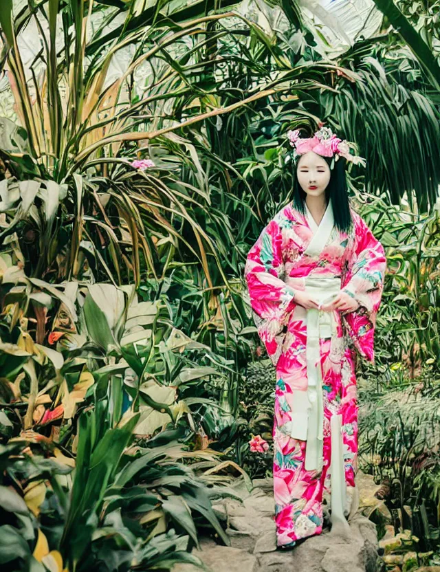 Image similar to photograph of a beautiful Japanese woman wearing a pretty kimono in a tropical greenhouse, by Annie Leibowiz, by Alessio Albi, extremely detailed, large format camera, Fuji Provia, bokeh, blurred background, photorealistic, trending on instagram