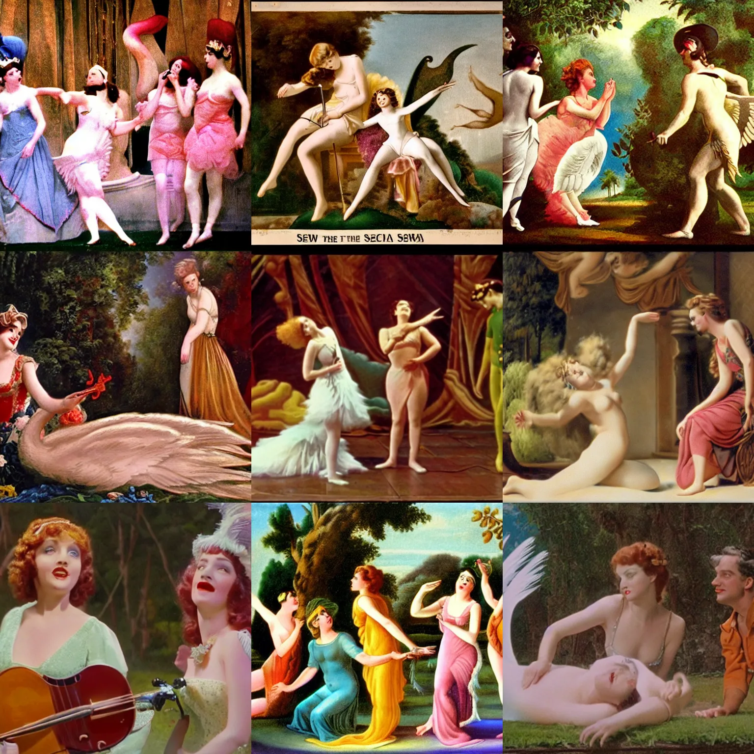 Prompt: Still of a musical comedy in technicolor in the style of Leda and the Swan