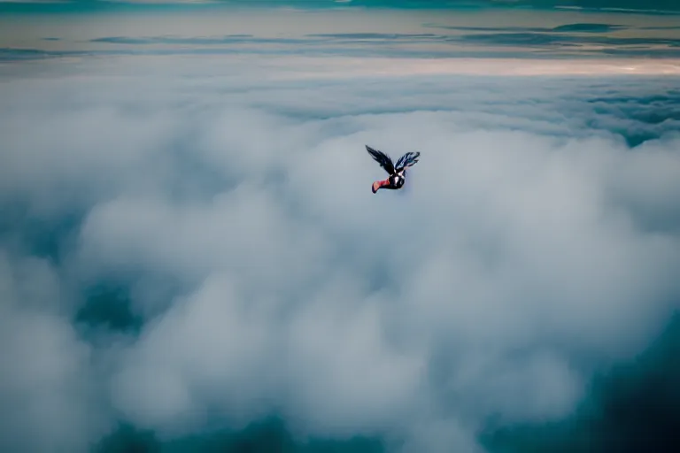 Image similar to photograph of a haute couture model flying through clouds, aerial view. photography by julia hetta, cinematic, elegant, real dlsr photography, sharp focus, 4 k, ultra hd, sense of awe