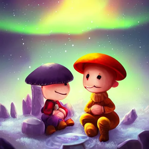 Image similar to two smiling and expressive chibi mushroom characters sitting around a campfire near a frozen forest, tundra setting, dramatic night sky, aurora borealis. very very very beautiful artwork, trending on artstation, digital artwork, cinematic lighting, 4K, amazing artwork, trending on Behance award-winning art