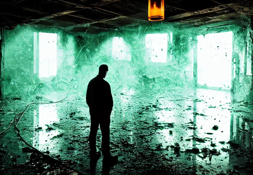 Image similar to a sad man in the center of the room looks out the magic window behind which is the old ruined city, toxic colorful slime and debris pouring from the ceiling in a large gothic cracked steampunk room spilling over the transparent floor and splashing large glowing luminescent neon drops, field - blur, floodlight, argand lamp, 4 k