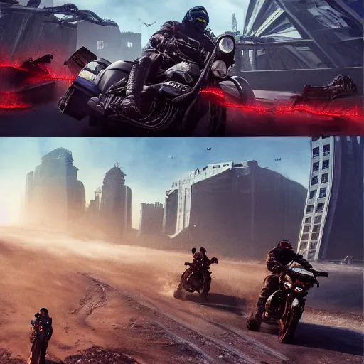 Prompt: four judges on big motorcycles from Judge Dredd riding across the Cursed Earth with a trail of dust behind them, and the ruins of Minneapolis ahead. Hyperrealistic, artstation, movie poster art