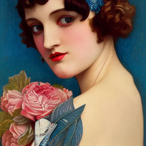 Image similar to a portrait painting of a 1 9 2 0 s woman in a flapper dress, highly detailed, art by tristan eaton and artgerm and william - adolphe bouguereau