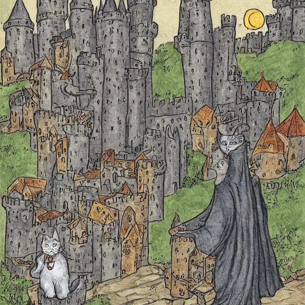 Prompt: a gray striped cat disguised as a wizard Merlin in front of the castle of Camelot, colorful medieval illustration