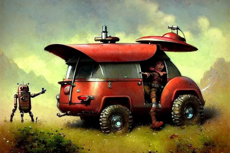 Image similar to adventurer ( ( ( ( ( 1 9 5 0 s retro future robot android mouse wagon rv offroad robot. muted colors. ) ) ) ) ) by jean baptiste monge!!!!!!!!!!!!!!!!!!!!!!!!! chrome red