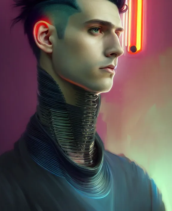 Image similar to a whirlwind inside the metaverse, guy, male, man, machine face, fashionable haircut, piercing, half body, neurochip, android, cyberpunk face, by loish, d & d, fantasy, intricate, elegant, highly detailed, colorful, digital painting, artstation, concept art, art by artgerm and greg rutkowski and alphonse mucha