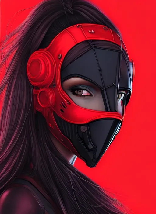 Image similar to portrait of long black hair girl within a red steel mask and techwear. cynical face, concept art, cyberpunk illustration, intricate, highly detailed 8 k, smooth, matte, sharp focus, rim light, beautiful and aesthetic shape of face and body, artgerm, artstation, art by gharliera and rinotuna and junpei