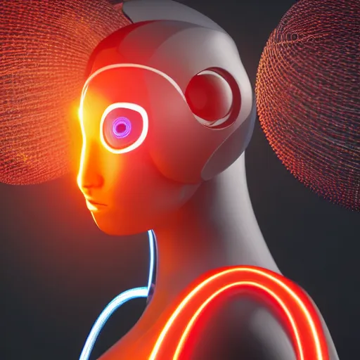 Prompt: side - view portrait of a robotic woman with enormous glowing eyes and a multitude of wild, flowing audio cables for hair. visualized soundwaves pulsate in the background. 3 d 8 0 s - surrealist art illustration, glows, lens flare.