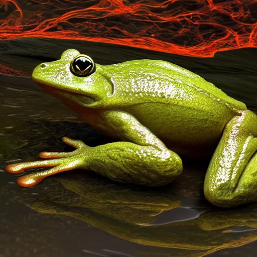 Prompt: a frog in an energy flows of water and fire. a highly detailed epic cinematic concept art cg render