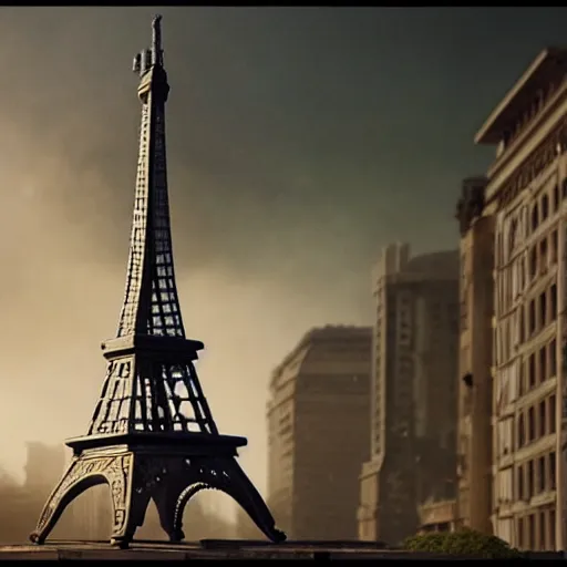 Image similar to A beautiful intricate 8K award-winning ground-level cinematic movie photograph of the future apocalyptic Eiffel Tower surrounded by corporate billboards, destroyed and decaying. in the year 2043, by Bruno Delbonnel and greg rutkowski. Arri Alexa 65, IMAX 70mm footage. Dirty billboards. Cinematic lighting