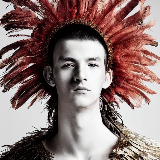 Prompt: a portrait of a beautiful young male wearing an alexander mcqueen armor made of feathers , photographed by andrew thomas huang, artistic