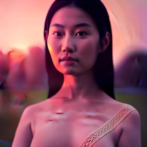 Image similar to photographic portrait of a stunningly beautiful asian renaissance female in soft dreamy light at sunset, beside the river, soft focus, contemporary fashion shoot, in a denis villeneuve and tim burton movie, by edward robert hughes, annie leibovitz and steve mccurry, david lazar, jimmy nelsson, extremely detailed, breathtaking, hyperrealistic, perfect face, octane render