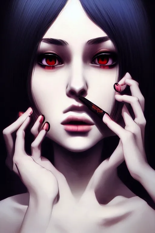 Prompt: a portrait of a beautiful woman with smoke and fire coming out of her eyes, a masterpiece by Ilya Kuvshinov