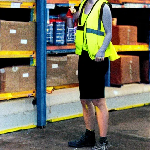 Image similar to photo, close up, emma watson in a hi vis vest, in warehouse, disposable camera, 5 0 mm,