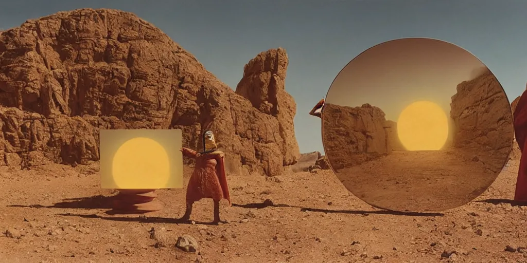 Image similar to levitating bene gesserit with full - face golden mask in a dry rocky desert landscape, visible sky and sunny atmosphere, fata morgana and giant square mirrors by alejandro jodorowsky, anamorphic lens, kodakchrome, practical effects, masterpiece, 8 k