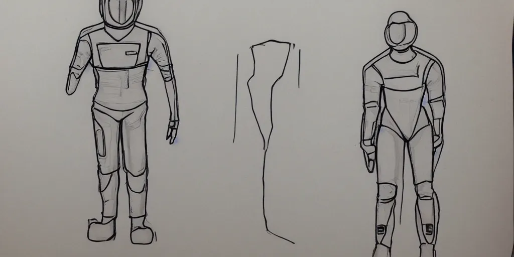 Image similar to male, elongated figure, space suit, minimalist sketch, large shoulders, short torso, long thin legs, tiny feet, character sheet, very stylized, marker shading sketch