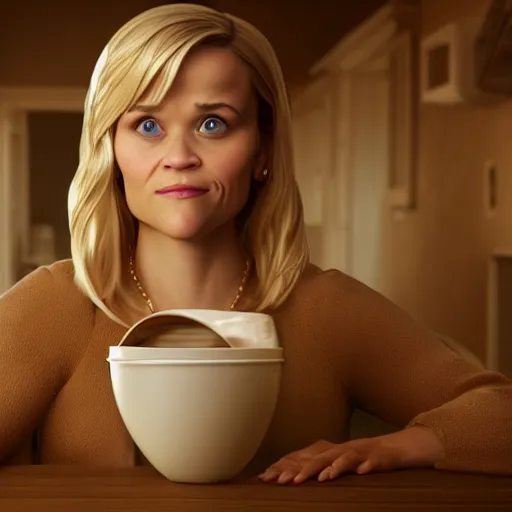 Image similar to hyperrealistic film still of reese witherspoon, holding a spoon, stunning 3 d render, inspired by istvan sandorfi & greg rutkowski & unreal engine, perfect symmetry, dim volumetric cinematic lighting, 8 k octane comprehensive render, extremely hyper - detailed, incredibly lifelike attributes, intricate, real flesh texture, masterpiece, artstation, stunning,